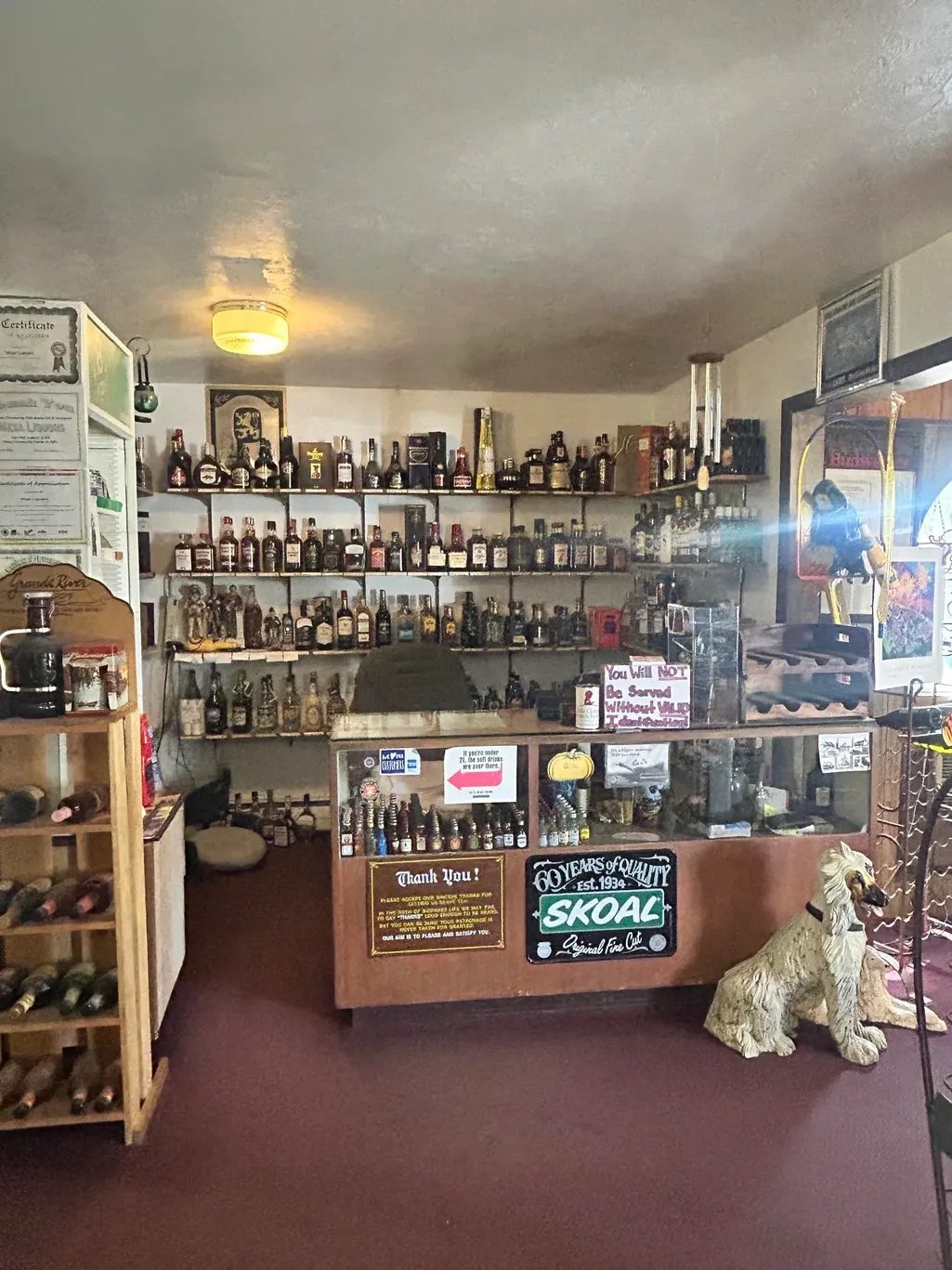 Interior of a liquor store with shelves stocked with bottles, wooden counter, white dog statue, and overhead lighting