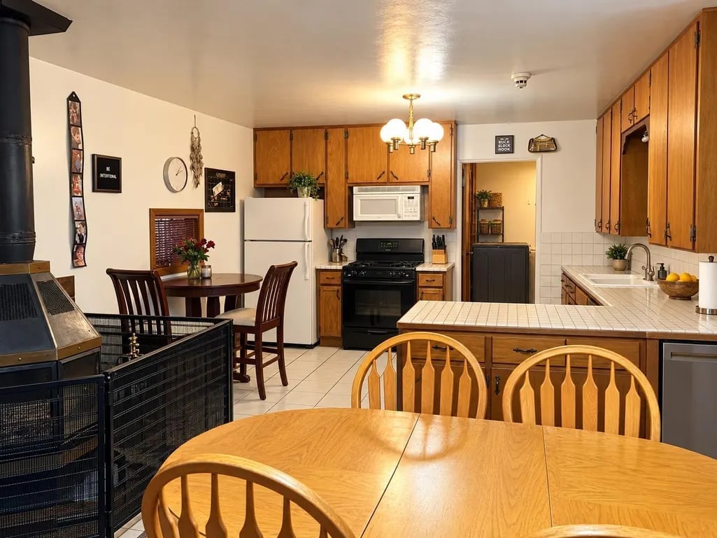 Spacious kitchen and dining area with wood table, Windsor chairs, wooden cabinets, black stove, and cream tile flooring