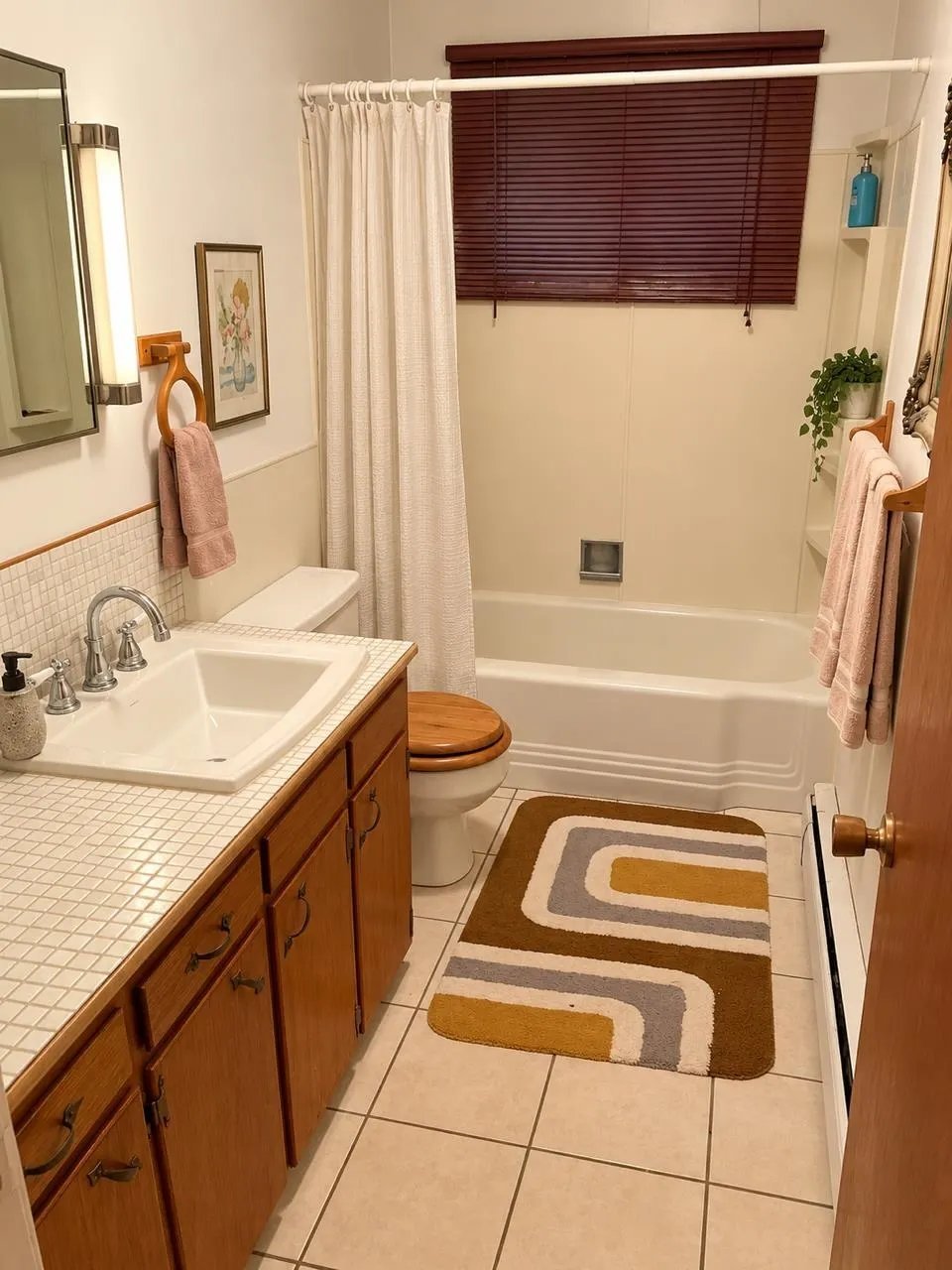 Bathroom interior with wooden vanity, white sink, tile flooring, bathtub with shower enclosure, and decorative bath mat